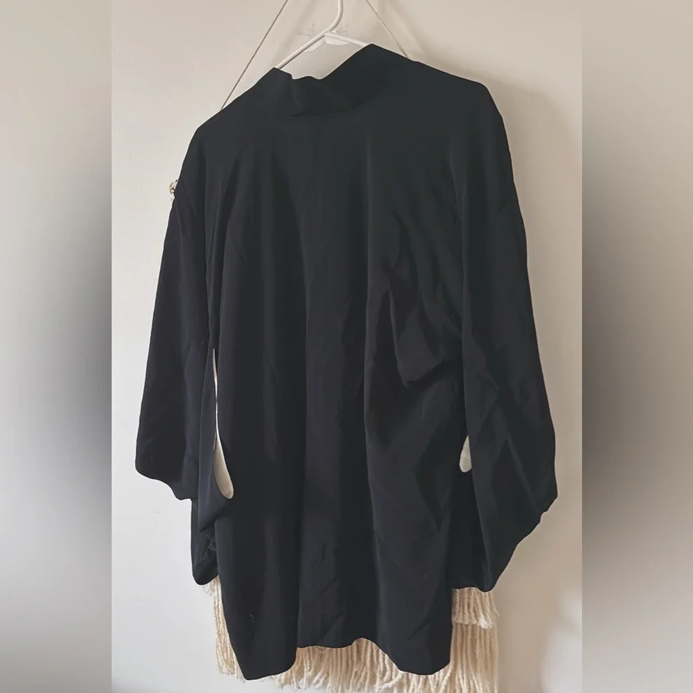 Liviana Conti Tassel Long Blazer Open Jacket Wide Open Batwing Sleeves Black